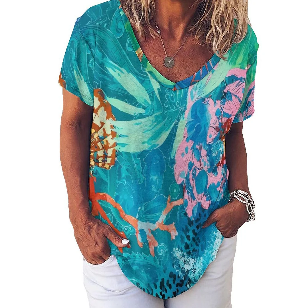 V-neck Short Sleeve Casual T-shirt for  Women Printed with Pattern Ocean, Blue, Sea, Fish