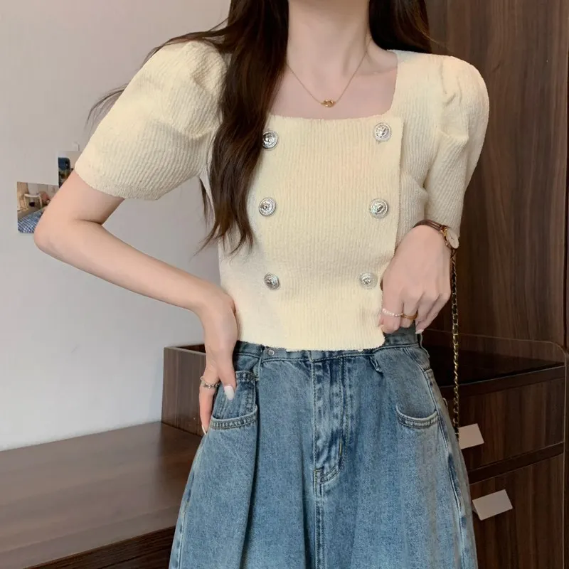 Uveng Uveng New French Gentle Style Design Double Buckle Bubble Sleeve T-Shirt Knitted Short Top