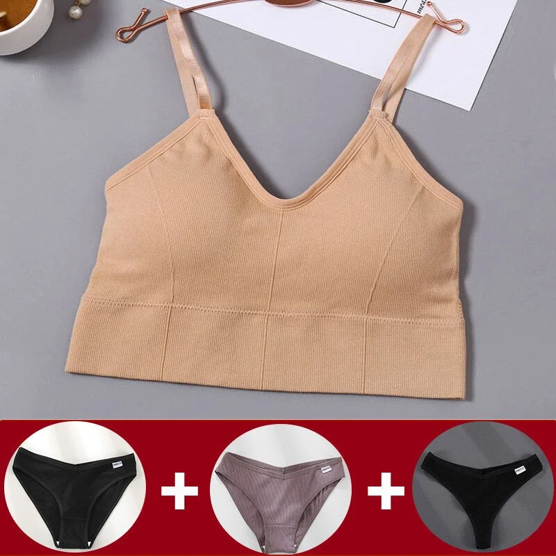 Tank Crop Top Bra + 3PCS Panties Set Fashion Solid Color Bra Set for Women Intimates Underwear Female Lingerie Casual Bralette