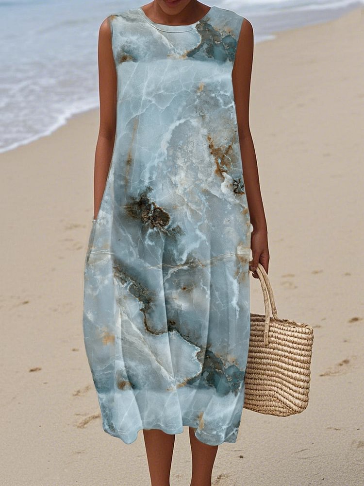 Women's  Marble texture Print Cotton and Linen Dress