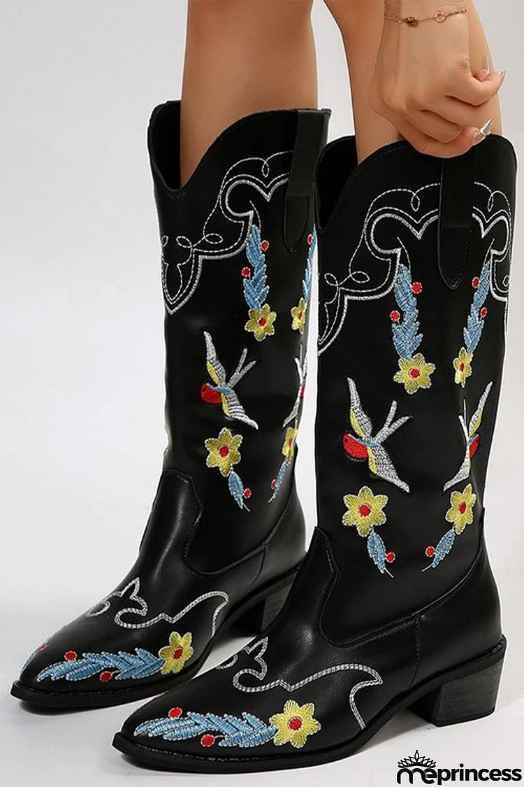 Floral Embroidery Square Toe Knee High Boots