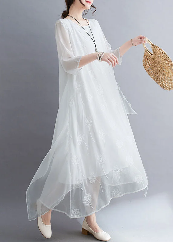 Simple White O Neck Embroideried Patchwork Chiffon Dresses Summer