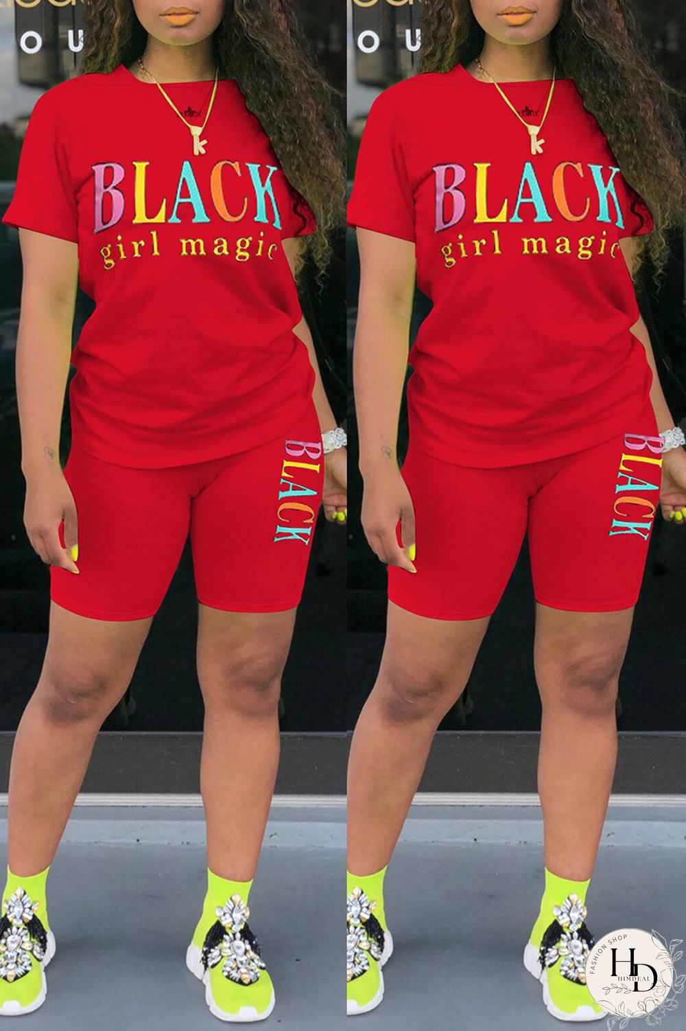 Black Fashion Casual Letter Print Basic O Neck Short Sleeve Two Pieces