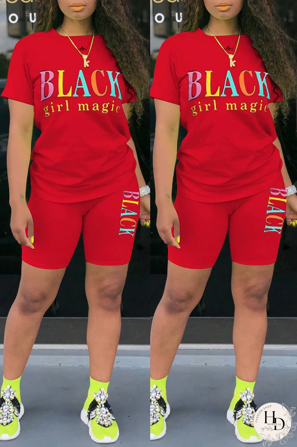 Black Fashion Casual Letter Print Basic O Neck Short Sleeve Two Pieces