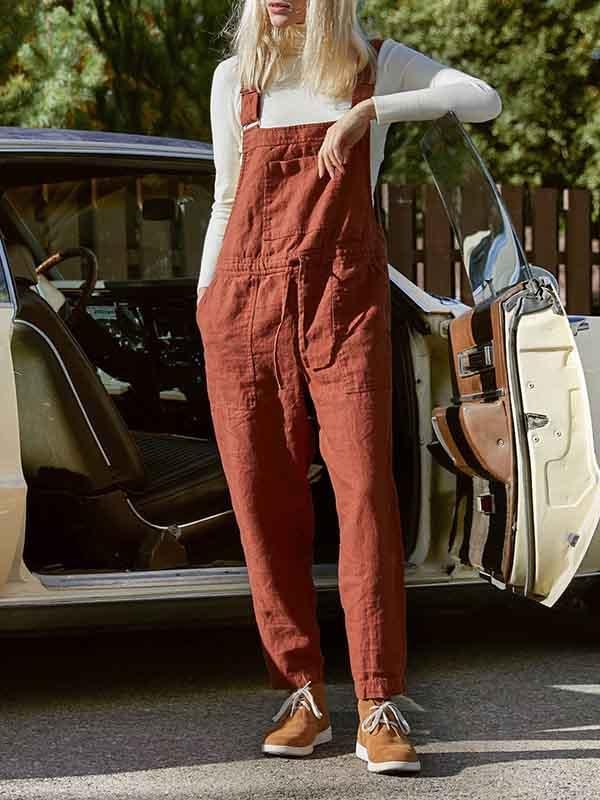 Women's Solid Color Cotton Linen Loose Casual Strap Pants-Mayoulove