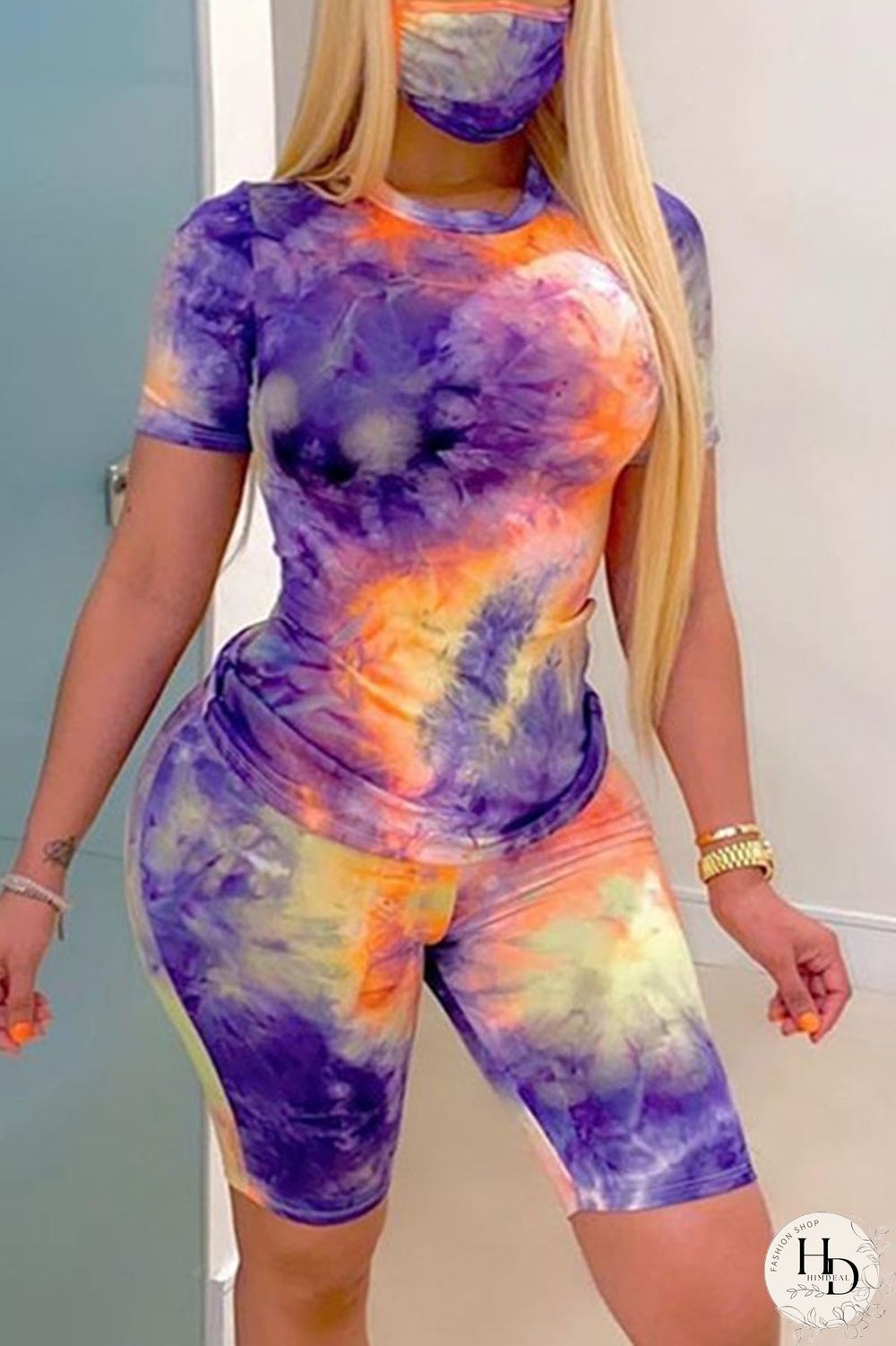 Blue Orange Fashion Casual Print Basic O Neck Short Sleeve Two Pieces