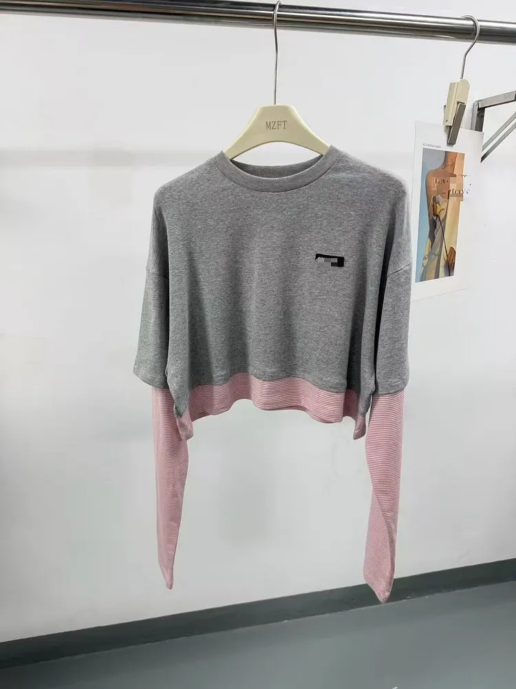 Pop T-shirts Women Fake Two Pieces Loose Autumn Casual Korean Style Long Sleeve Harajuku Tees O-neck Retro Aesthetic Clothes Tee