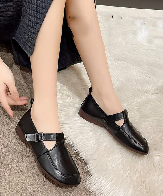 Black Cowhide Leather Flat Feet Shoes Buckle Strap Flat Feet Shoes