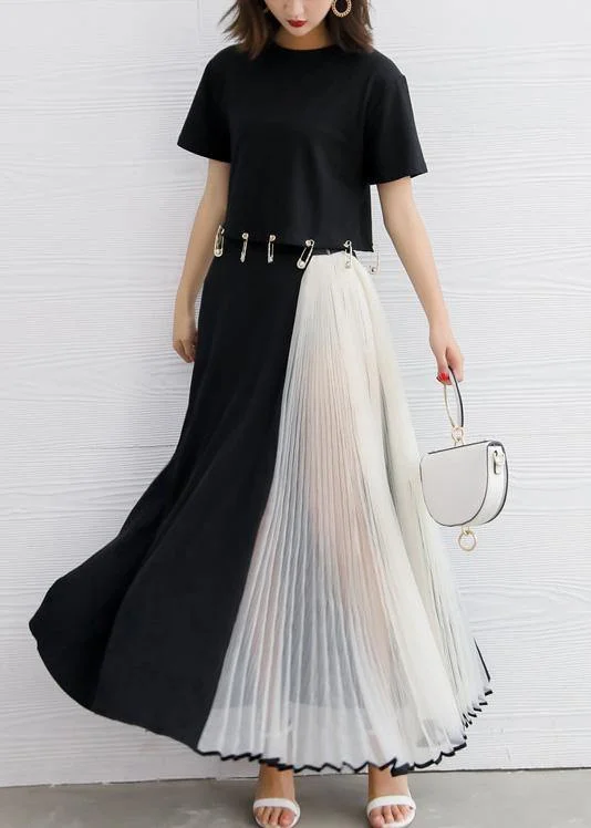 summer black chiffon casual maxi skirts women patchwork nets yarn beach skirts