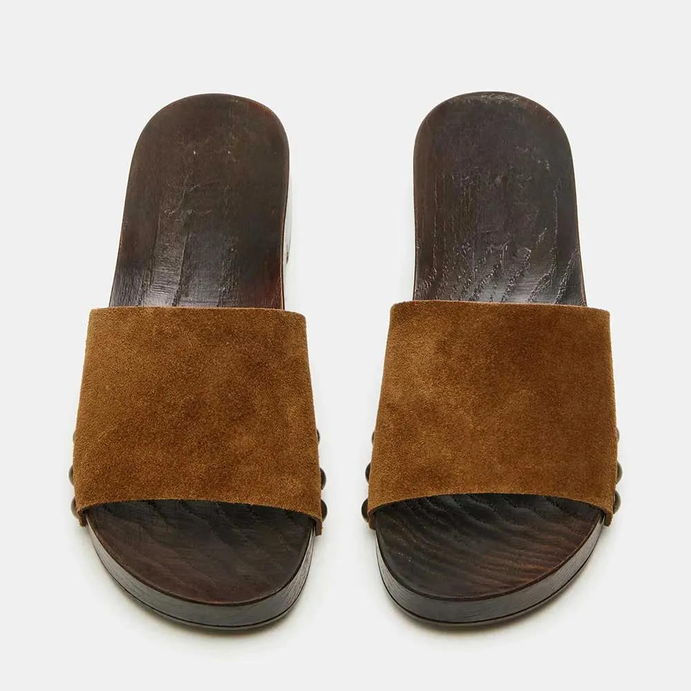Women's Brown Vegan Suede Round Toe Chunky Heel Studded Slides Shoes