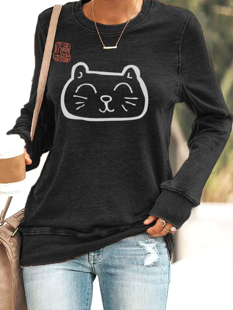 Japanese Art Cat Print Slim Casual Sweatshirt