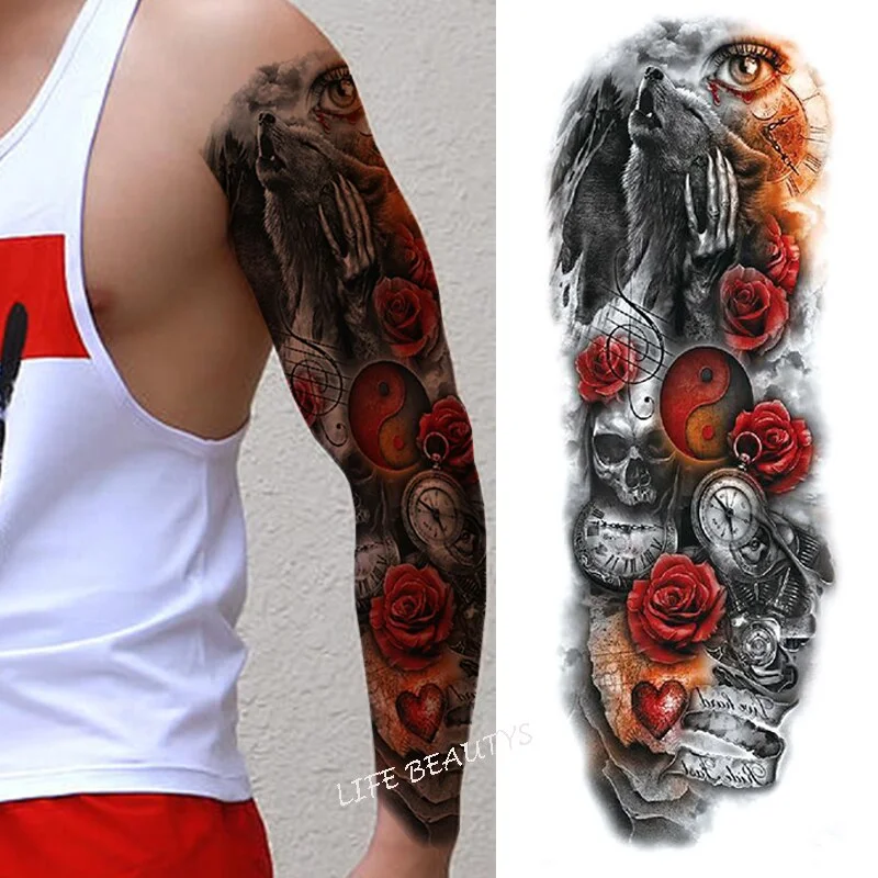 Sdrawing Temporary Full Arm Tattoos Man Women Cool Leg Art Tiger Wolf Black Sleeve Large Fake Sticker Glitter Multiple Style