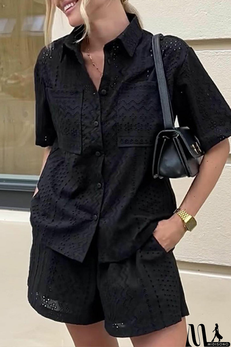 MidiSono - Casual Daily Solid Color Lace Pocket Turndown Collar Short Sleeve Two Pieces