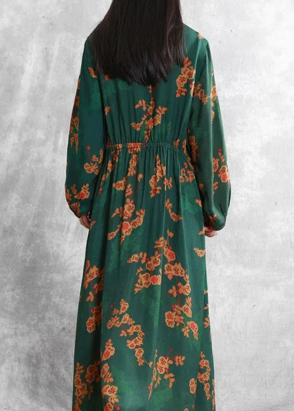 Bohemian stand collar Cinched quilting clothes Fabrics green print Kaftan Dresses