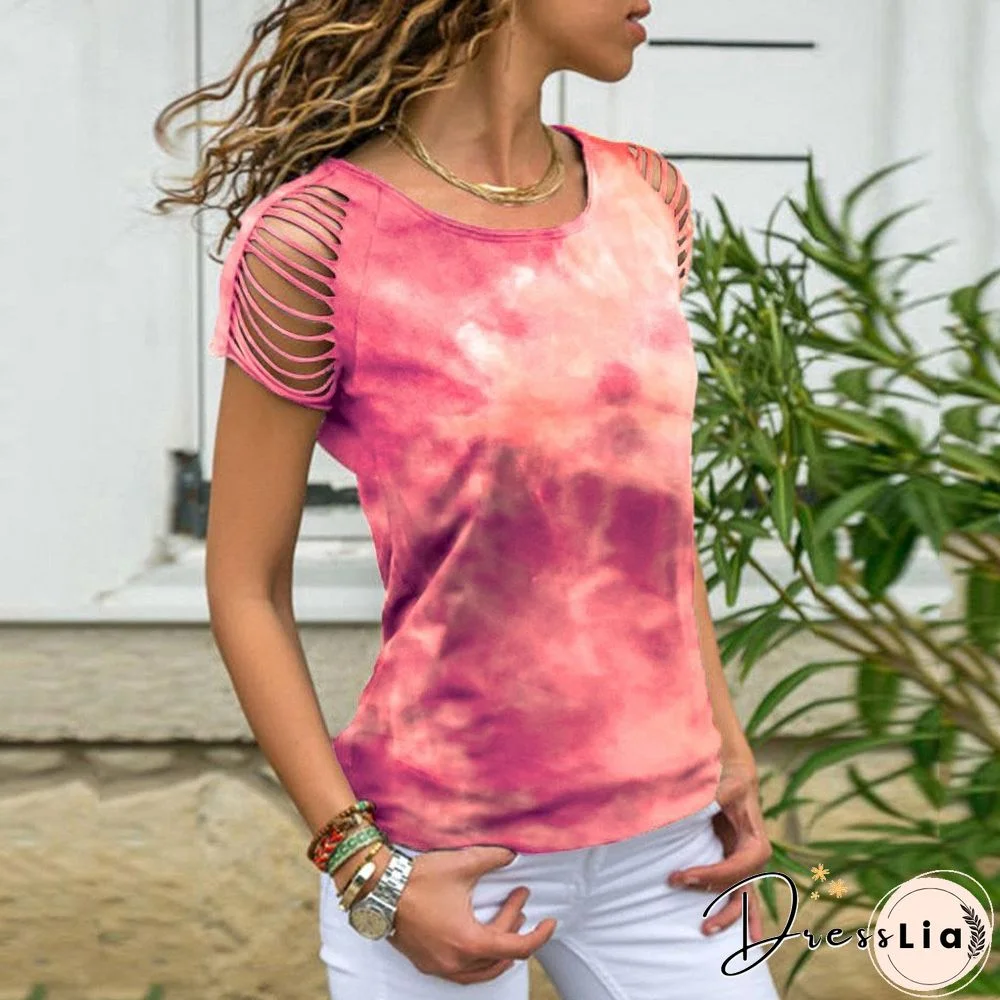 Women's Tie-dye, Hole-burning, Strapless Short-sleeved T-shirt