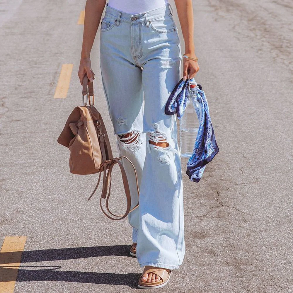 Women's High Waist Casual Ripped Long Jeans