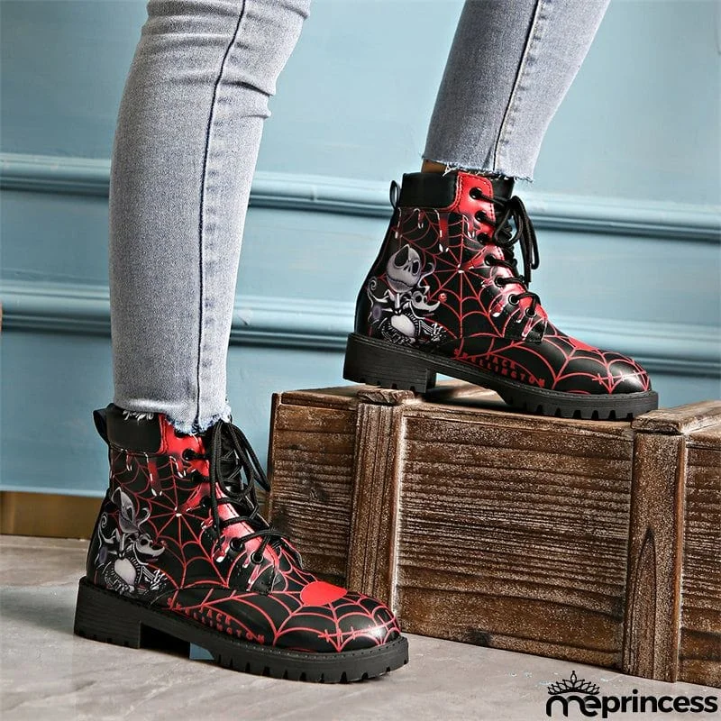 Halloween Element Printed Women's Lace-up Round Toe Martin Boots