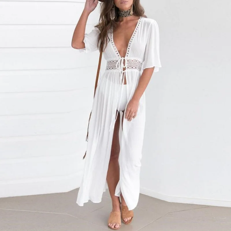 Sexy Solid Lace Tie V-Neck Coverups