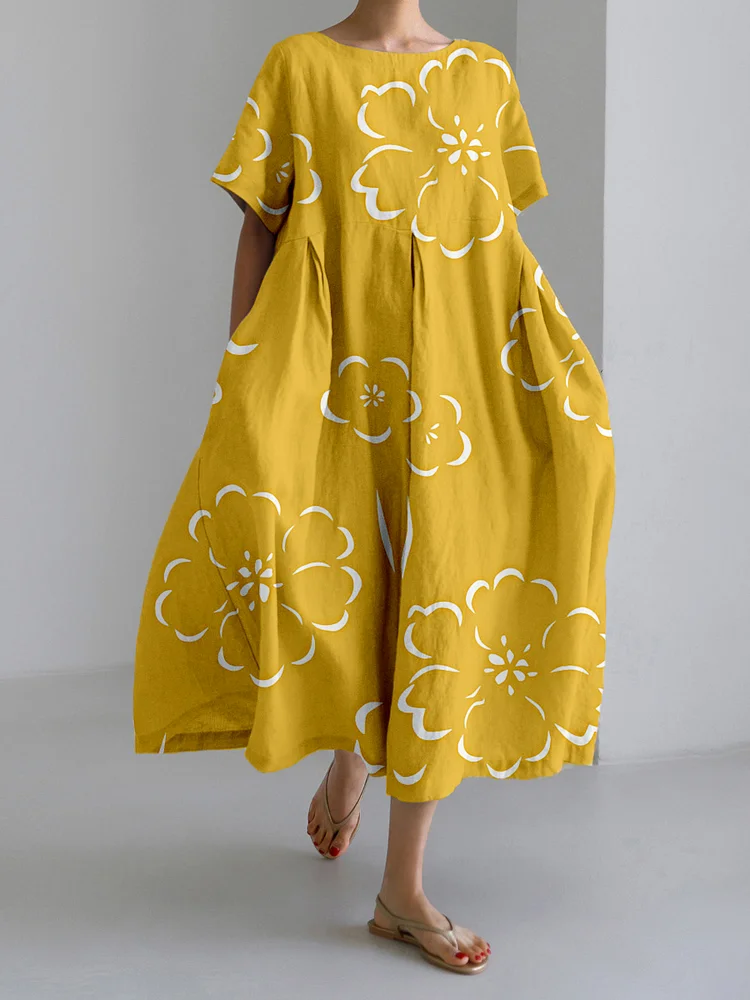 Elegant Casual Yellow Flower Loose  Dress