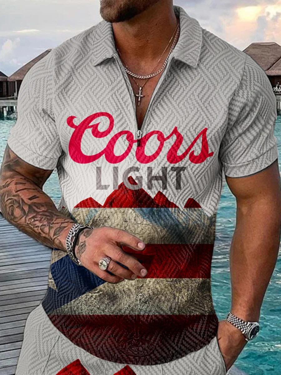 Men's Casual Lapel Gray Printed Short Sleeve Polo Shirts