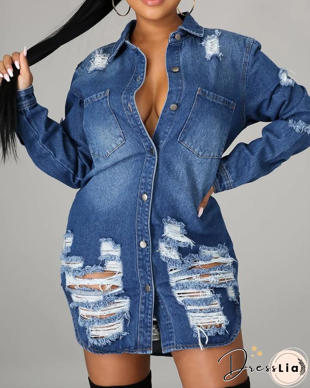 Pocket Design Fringe Hem Cutout Denim Shirt Dress P14085