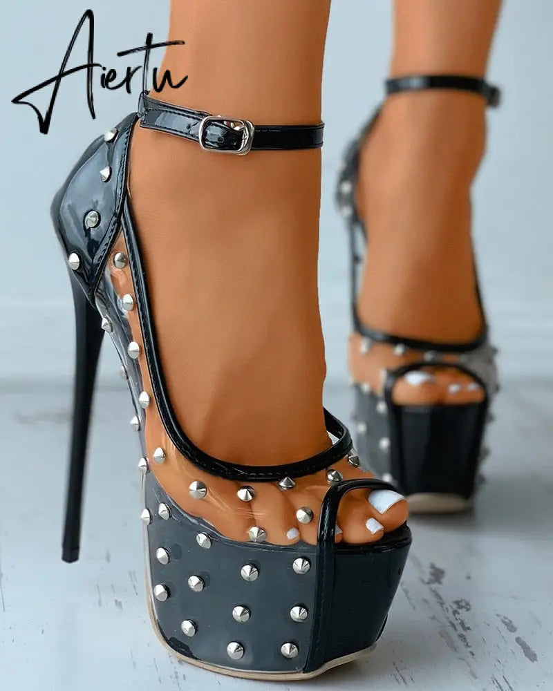 Sexy High Heels Ladies Women Sandals Rivet Metal Peep Toe Platform Thick Soles Stiletto PVC Club Banquet Summer Shoes Aiertu