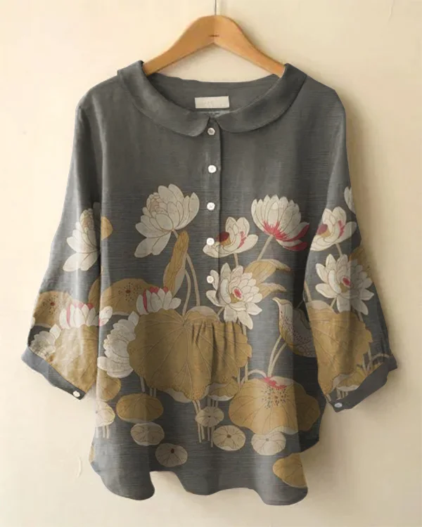 Vintage Long Sleeve Peter Pan Collar Lotus Print Shirt