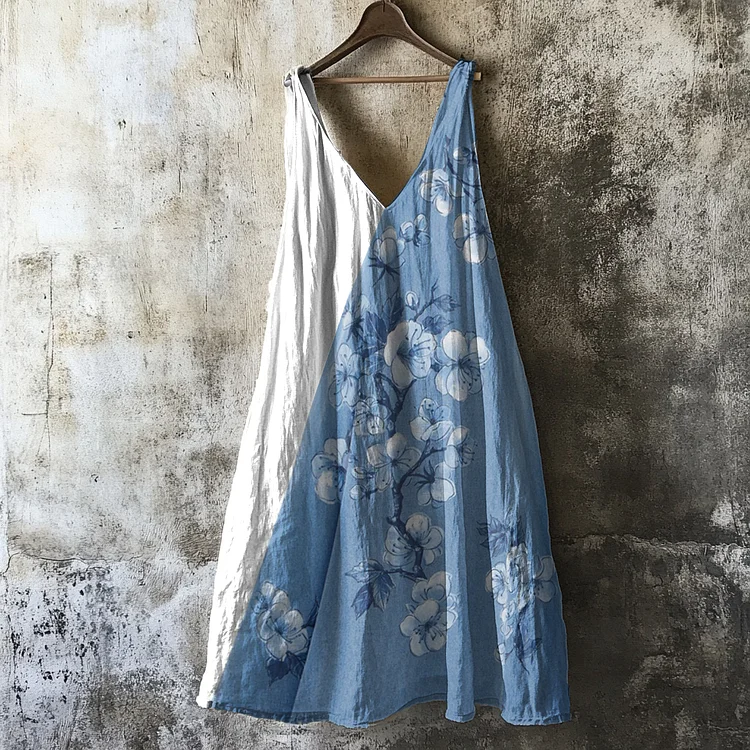 Utbros Vintage Cherry Blossoms Contrasting Colors Art Linen Blend Tank Dress