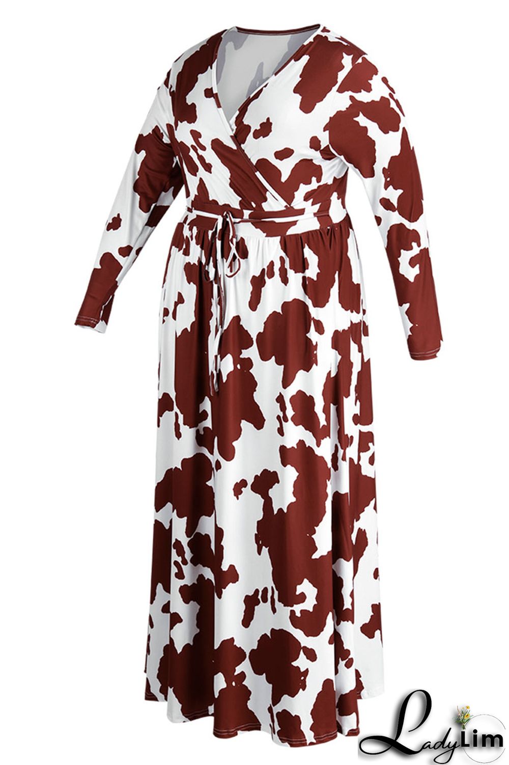 Burgundy Casual Print Bandage Patchwork V Neck Straight Plus Size Dresses