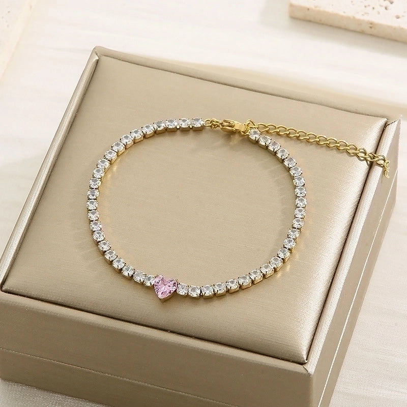 Minimalist Classic Style Heart Shape Titanium Steel 18K Gold Plated Zircon Tennis Bracelet In Bulk