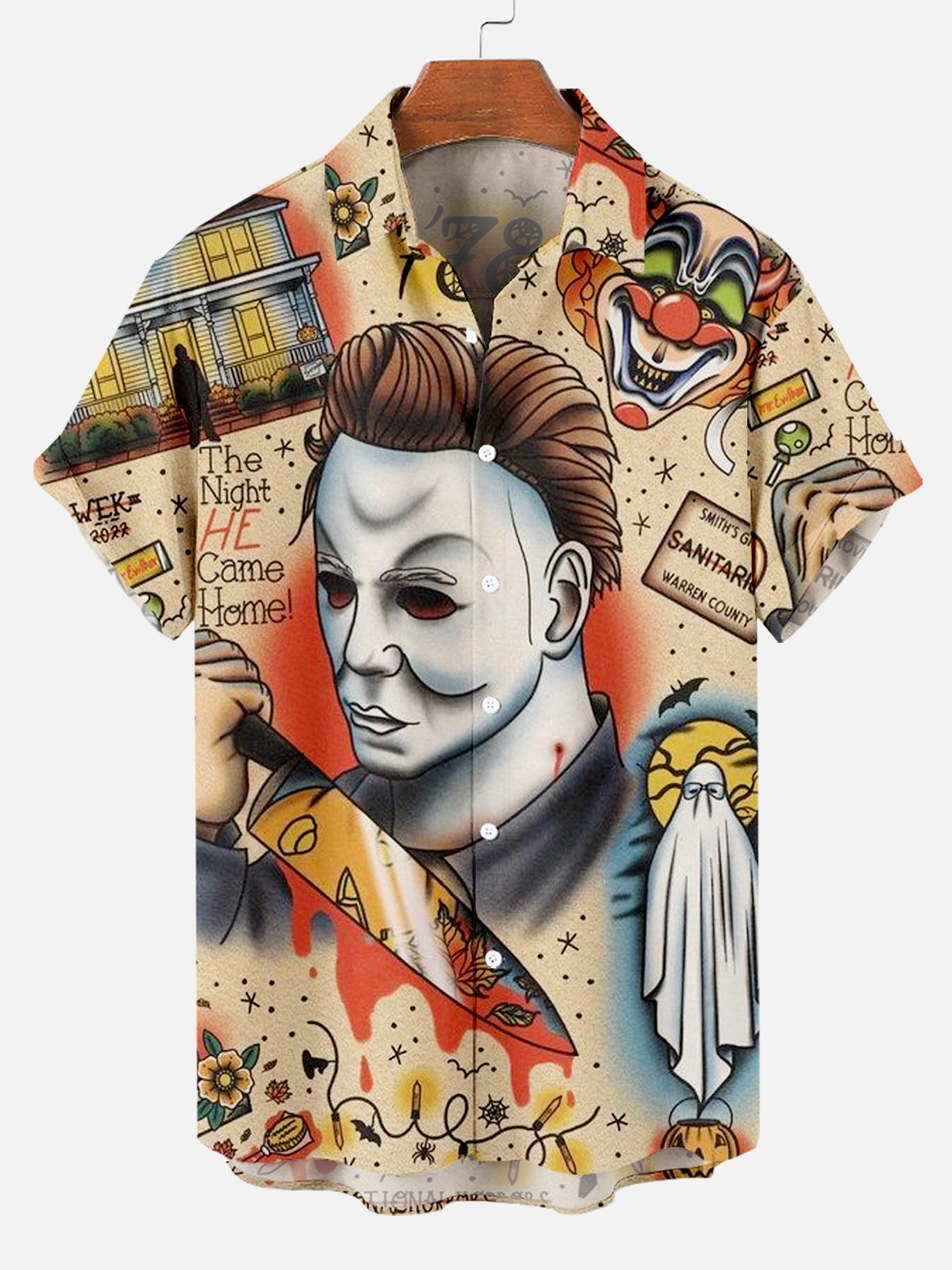 Halloween Horror Mask Men Cartoon Print Men's Short Sleeve Shirt PLUSCLOTHESMAN