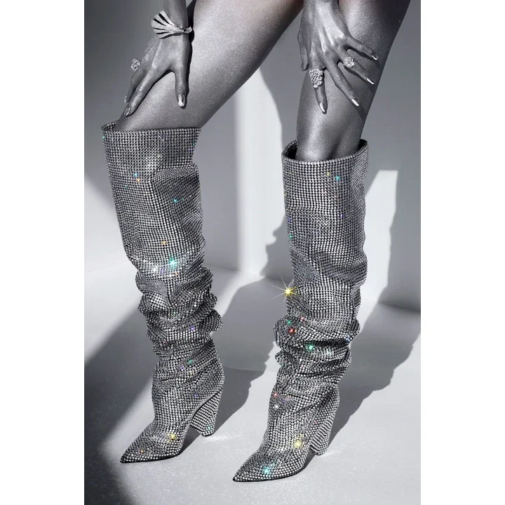 Silver Knee High Hotfix Boots with Chunky Heel. Vdcoo