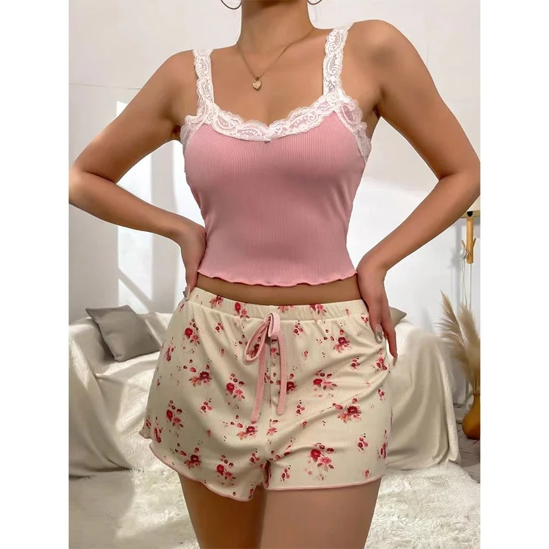Churchf Home Clothes Lace Sling Shorts Set Comfortable Elastic Home Leisure Can Wear Pajamas