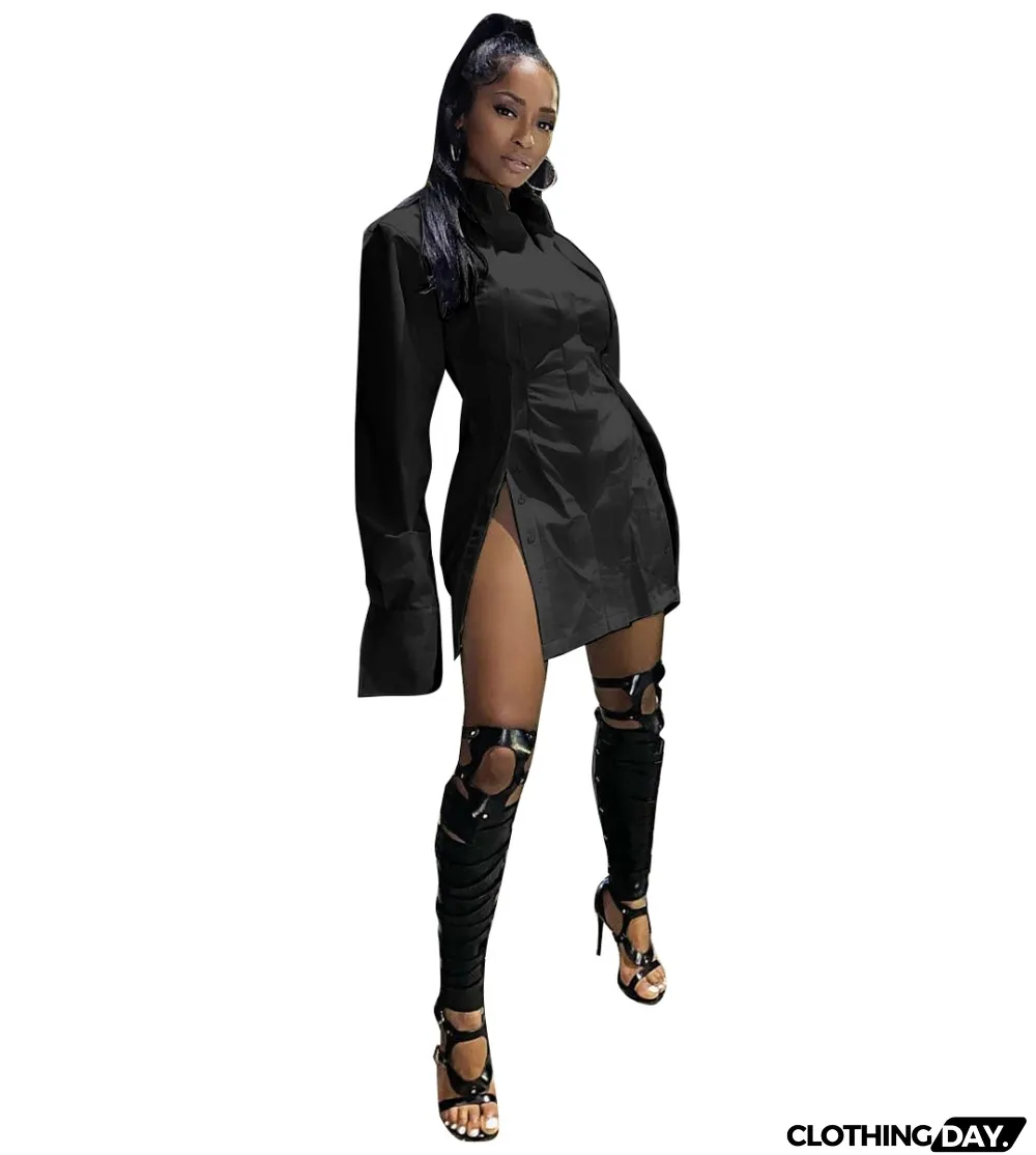 Autumn Sexy Side Slit Blouse Dress with Full Sleeves