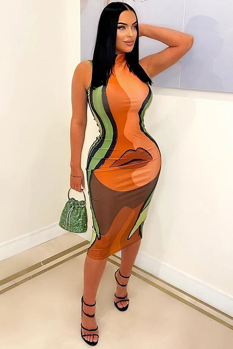 Lip Print High Neck Sleeveless Bodycon Colorblock Midi Dresses-Orange