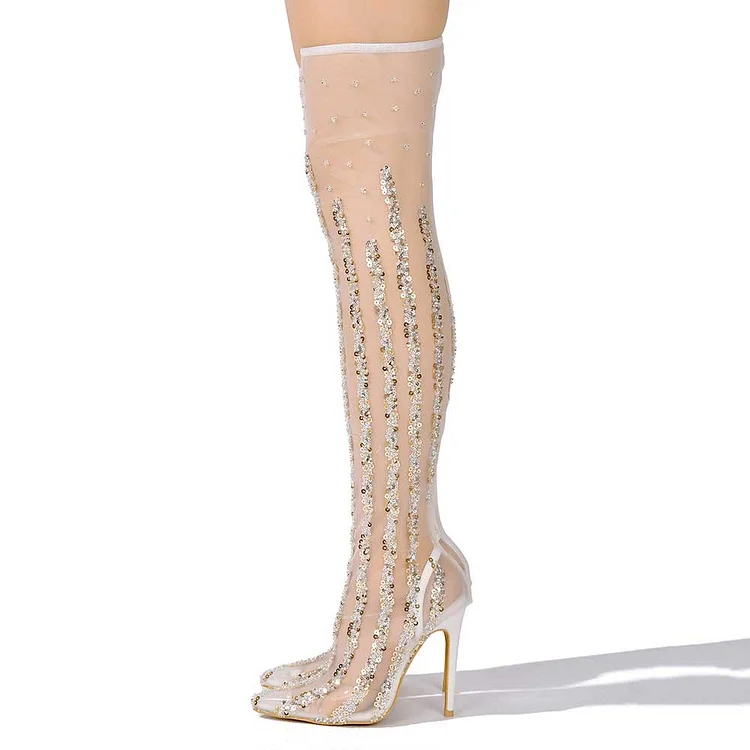 White Mesh Bridal Shoes Sequin Rhinestone Stiletto Thigh High Boots |FSJ Shoes