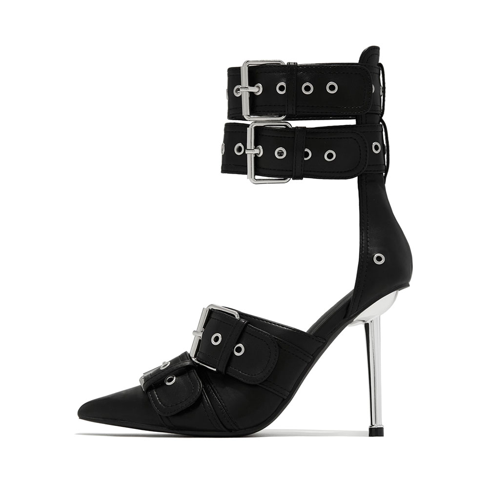 Black Pointy Toe 4'' Decorative Metallic Heel Buckle Strappy Pumps Nicepairs