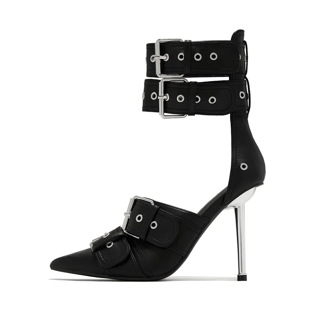 Black Pointy Toe Buckle Studded Strappy Pumps With Decorative Metallic Heels Nicepairs