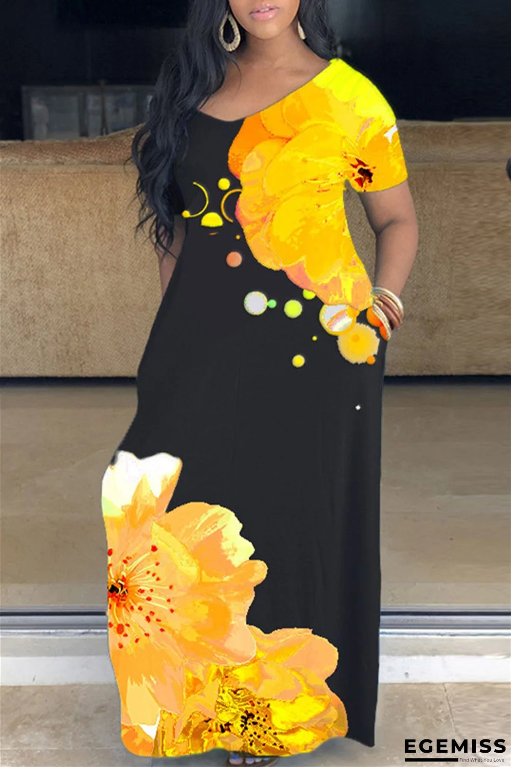 Yellow OL V Neck Floral Print Plus Size Dresses | EGEMISS