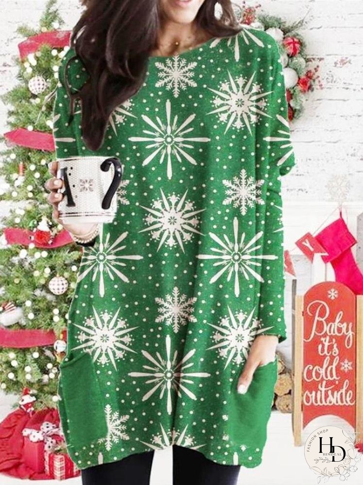 Dresses Christmas Print Pocket Bat Long Sleeve Dress for Women