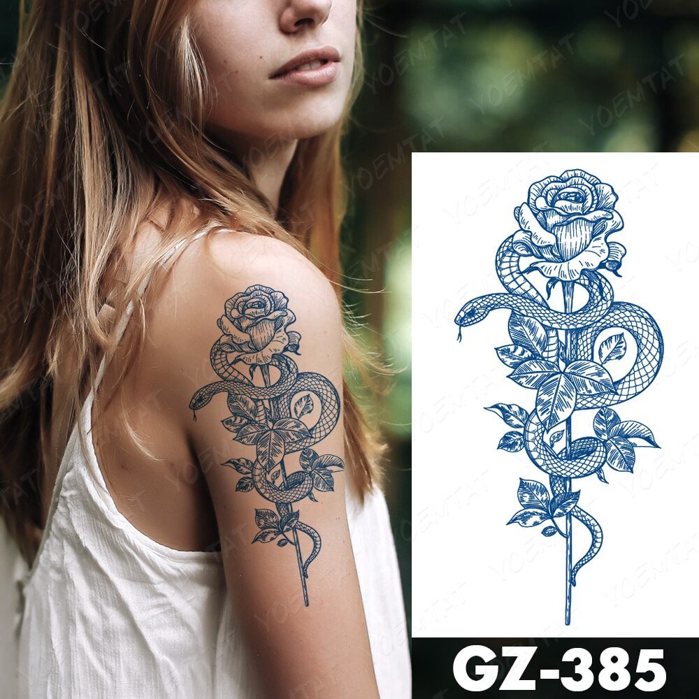 Gingf Waterproof Temporary Tattoo Sticker Dragon Snake Rose Genipin Herbal Juice Lasting Ink Fake Wrap Around Arm Tatoo