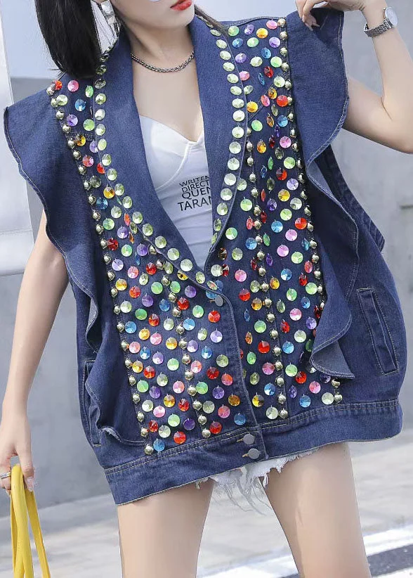 Style Blue Ruffled Nail Bead Sequins Patchwork Denim Vest Sleeveless