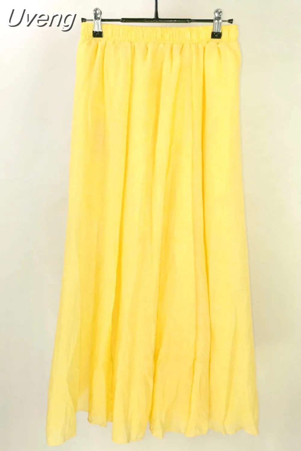 Uveng Women's Elegant 16 Color High Waist Elastic Waist Linen Pleated Long Skirts Ladies Slim Casual Skirt Saias New 2023 Summer SK05
