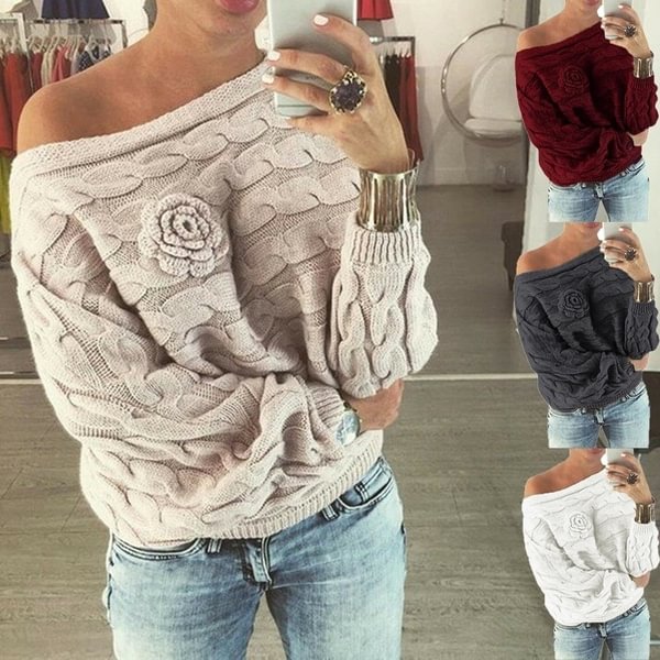 Women's Fashion Slash Neck Sweater Floral Pullover Sweater Long Sleeve Tops Casual Loose Knitted Sweater - Shop Trendy Women's Fashion | TeeYours