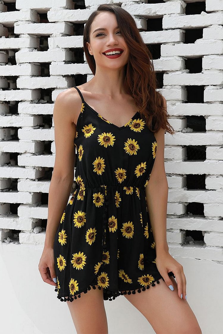 Flower Print Tasseled Backless Spaghetti Straps Romper - Life is Beautiful for You - SheChoic
