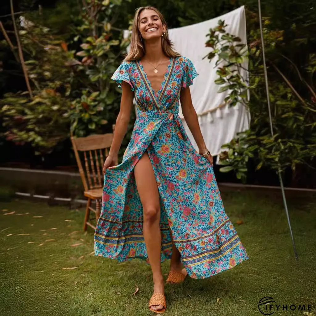 V Neck Casual Short Sleeve Woven Dress | IFYHOME