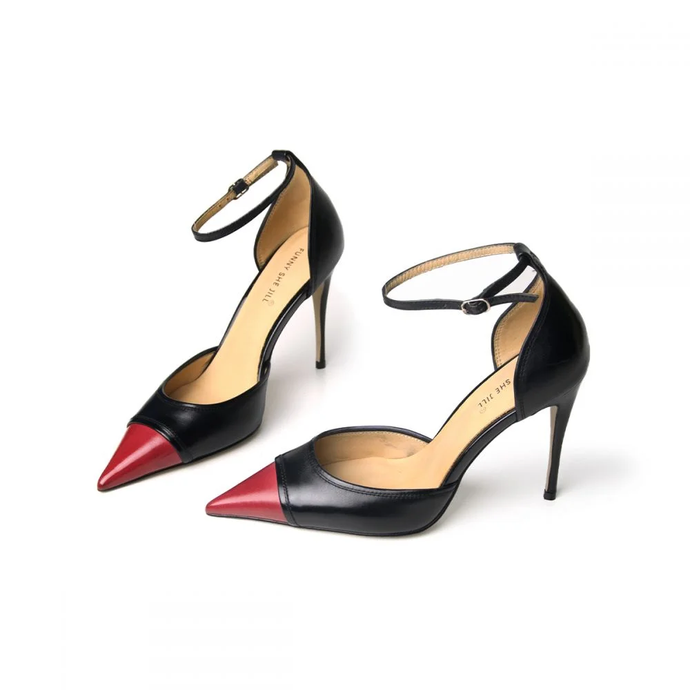 Ankle Strap Heels Pointed Toe Sandals Two-Color Stitching Pumps Nicepairs