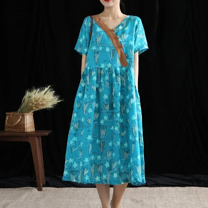 Women blue print linen dresses v neck wrinkled Robe Dress