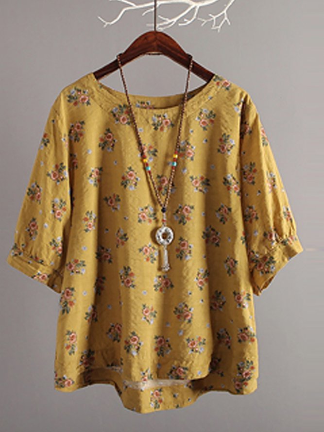Women Cute Floral Printed Crew Neck Cotton 3/4 Sleeve Tops