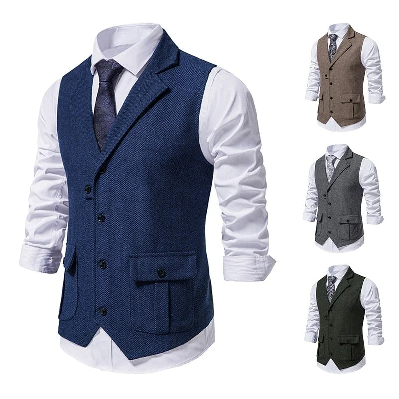 Inongge Men Suit Vest Herringbone Fabric Waistcoat Business Wedding Casual Turndown  Collar Men's Dress Blazer Vests Formal Party